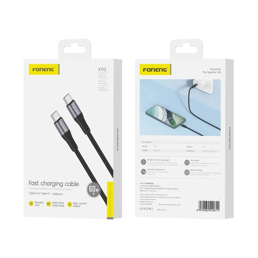 FONENG X112 Cable USB-C / USB-C PD 60W 1m, black