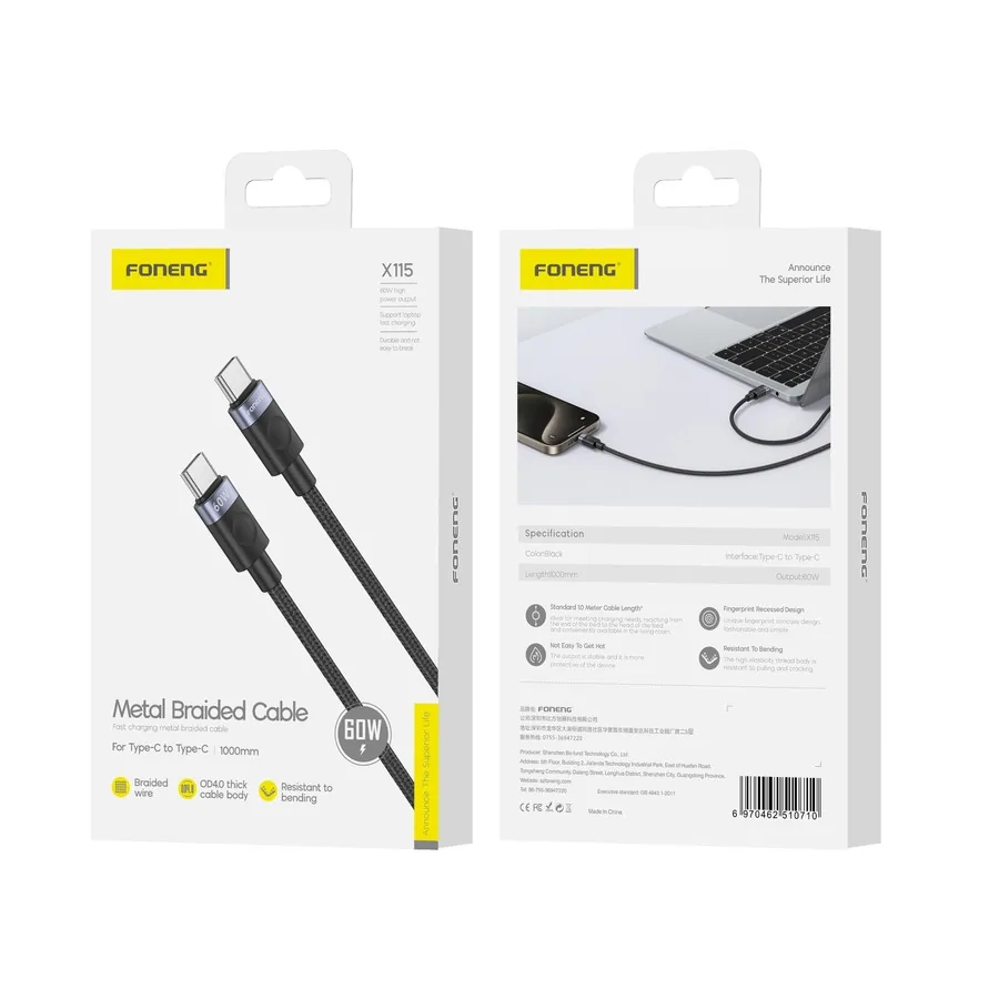 FONENG X115 Cable USB-C / USB-C PD 60W 1m, black