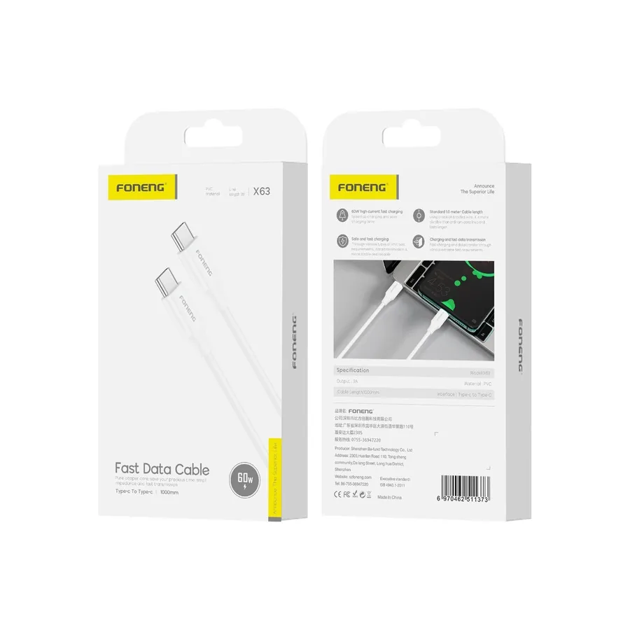 FONENG X63 USB-C / USB-C Cable PD 60W 1m, white