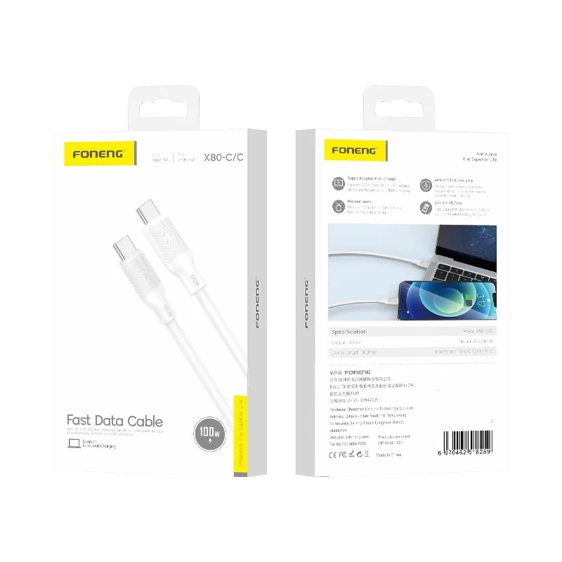 FONENG X80 USB-C / USB-C Cable PD 100W 1m, white