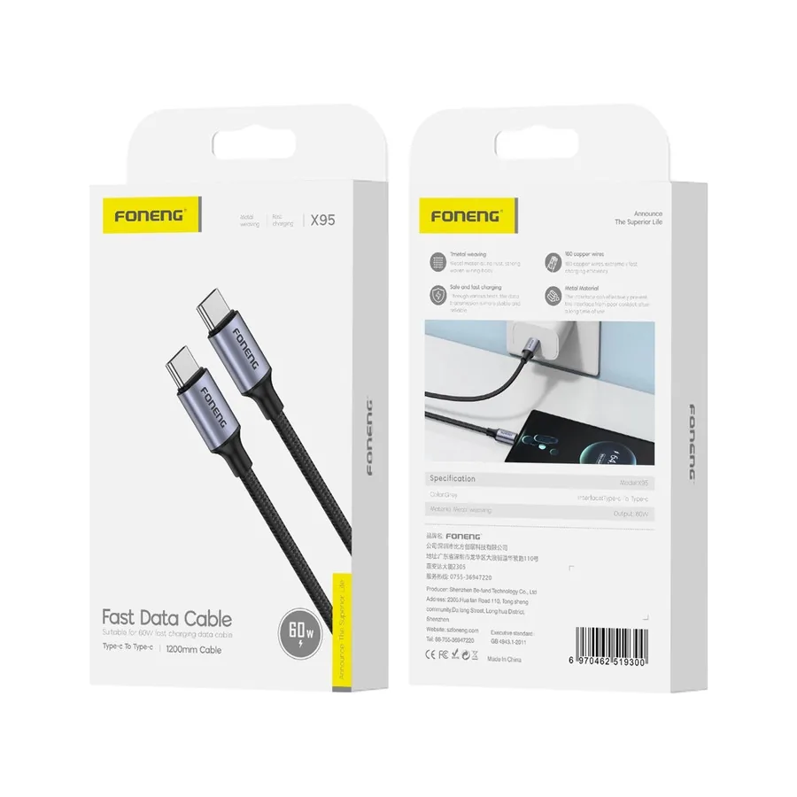 FONENG X95 USB-C / USB-C Cable PD 60W 1.2m, black
