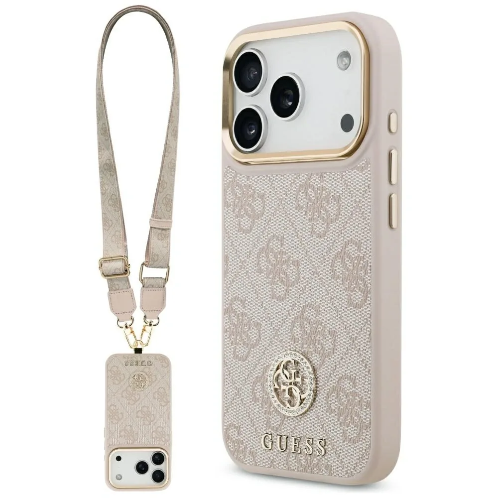 Kryt Guess 4G Strass Logo & Big Strap Metal Buttons MagSafe Apple iPhone 17 Pro pink