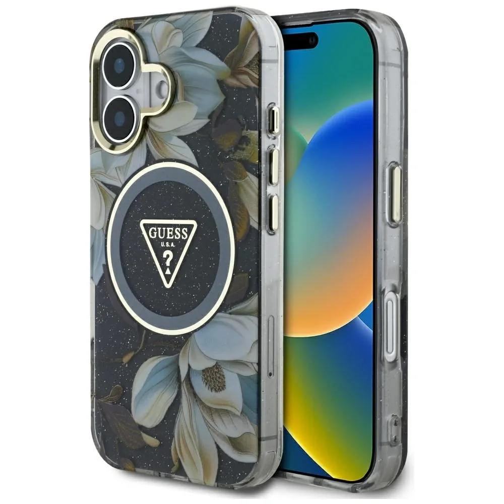 Kryt Guess Glitter Flowers Triangle Buttons MagSafe Apple iPhone 16 black