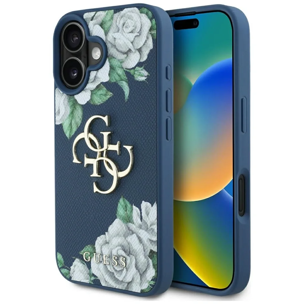 Kryt Guess Grained Roses Big 4G logo Apple iPhone 16 blue