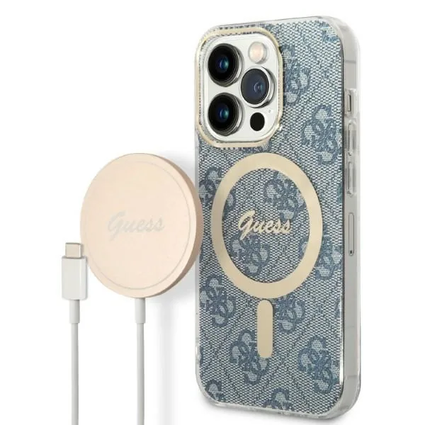 Kryt Guess GUBPP14LH4EACSB Case + Wireless Charger Apple iPhone 14 Pro blue hard case 4G Print MagSafe