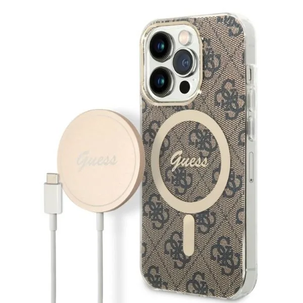 Kryt Guess GUBPP14LH4EACSW Case + Wireless Charger Apple iPhone 14 Pro brown hard case 4G Print MagSafe