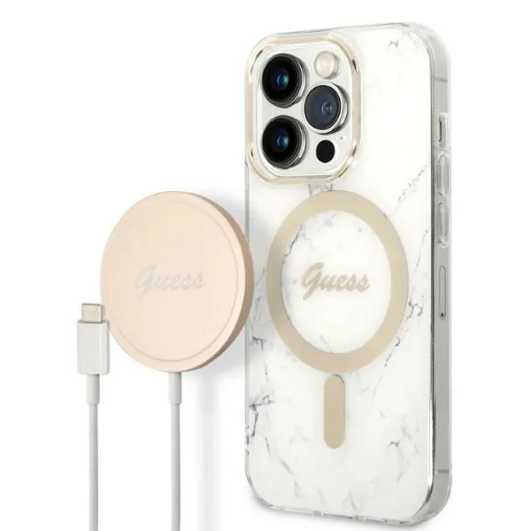 Kryt Guess GUBPP14LHMEACSH Case + Wireless Charger Apple iPhone 14 Pro white hard case Marble MagSafe