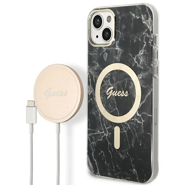 Kryt Guess GUBPP14SHMEACSK Case + Wireless Charger Apple iPhone 14 black hard case Marble MagSafe