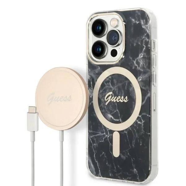 Kryt Guess GUBPP14XHMEACSK Case + Wireless Charger Apple iPhone 14 Pro Max barva černá hard case Marble MagSafe