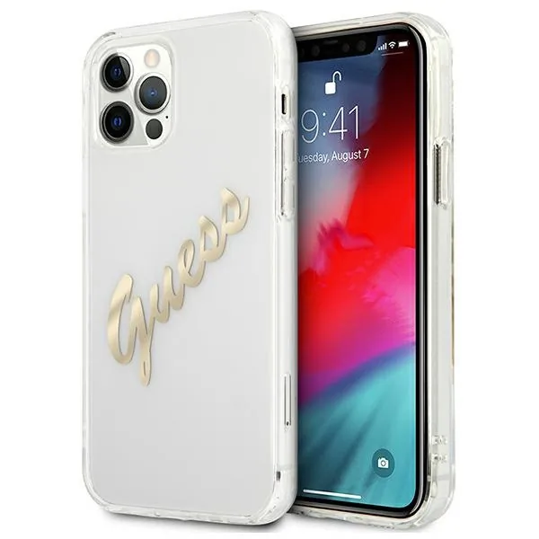 Kryt Guess GUHCP12MKTRSVGO Apple iPhone 12/12 Pro Transparent hardcase Vintage Script Gold