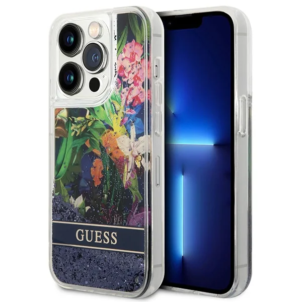 Kryt Guess GUHCP14LLFLSB Apple iPhone 14 Pro blue hardcase Flower Liquid Glitter