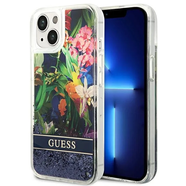 Kryt Guess GUHCP14MLFLSB Apple iPhone 14 Plus / 15 Plus blue hardcase Flower Liquid Glitter