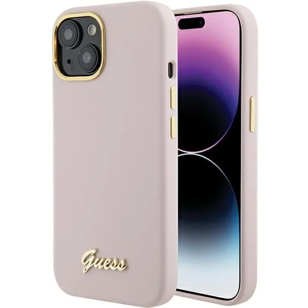 Kryt Guess GUHCP15SSMBSLP Apple iPhone 15 hardcase Silicone Script Metal Logo & Frame pink
