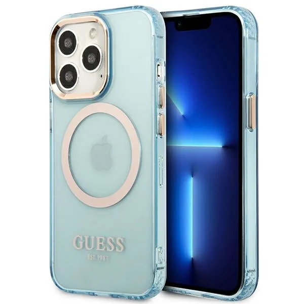 Kryt Guess GUHMP13LHTCMB Apple iPhone 13 Pro blue hard case Gold Outline Translucent MagSafe