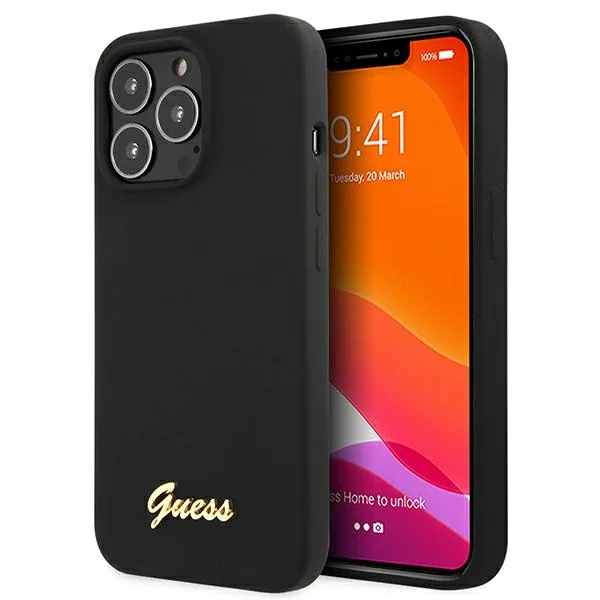 Kryt Guess GUHMP13LLSLMGBK Apple iPhone 13 Pro black hardcase Silicone Script Gold Logo