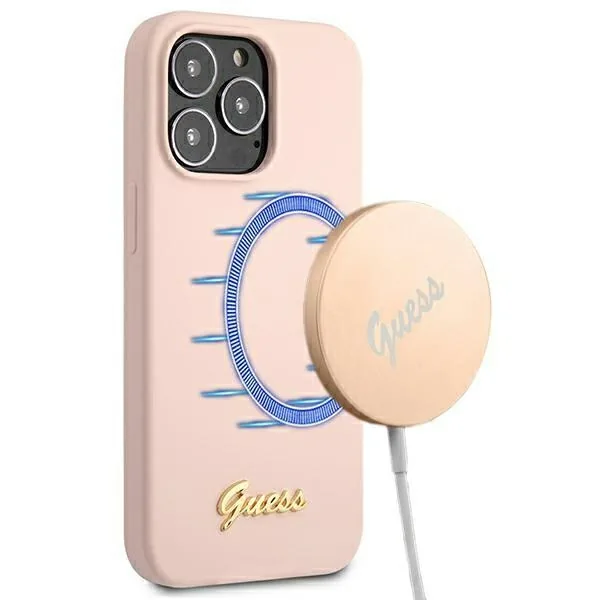 Kryt Guess GUHMP13XLSLMGLP Apple iPhone 13 Pro Max light pink hardcase Silicone Script Gold Logo Magsafe