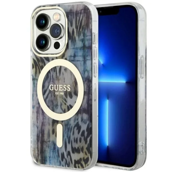 Kryt Guess GUHMP14LHLEOPWB Apple iPhone 14 Pro blue hardcase Leopard MagSafe