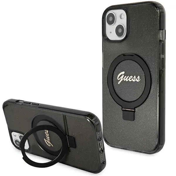 Kryt Guess GUHMP14SHRSGSK Apple iPhone 13 / 14 / 15 hardcase Ring Stand Script Glitter MagSafe black