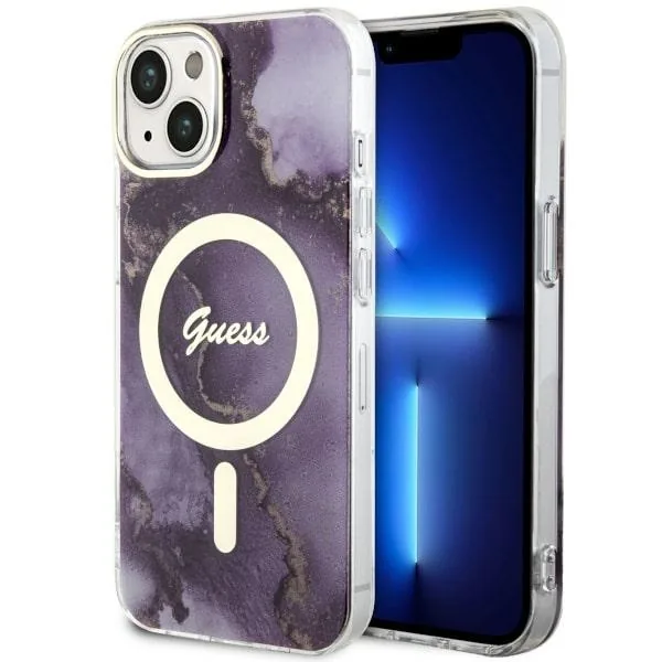 Kryt Guess GUHMP14SHTMRSU Apple iPhone 14 purple hardcase Golden Marble MagSafe
