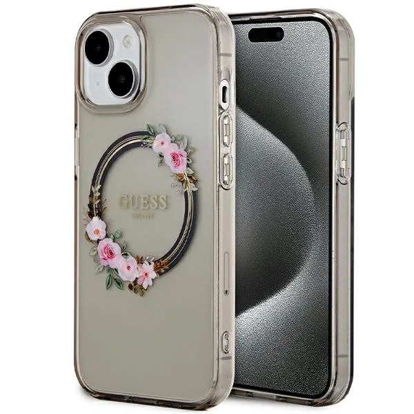 Kryt Guess GUHMP15SHFWFCK Apple iPhone 15 / 14 / 13 hardcase IML Flowers Wreatch MagSafe black