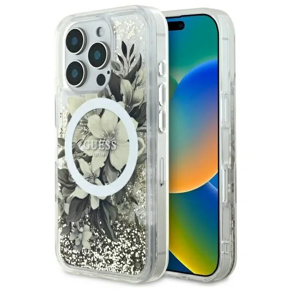 Kryt Guess GUHMP16LLFMWTE Apple iPhone 16 Pro hardcase Liquid Glitter Flower MagSafe beige