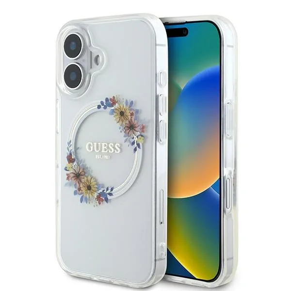 Kryt Guess GUHMP16MHFWFCT Apple iPhone 16 Plus hardcase IML Flowers Wreath MagSafe transparent