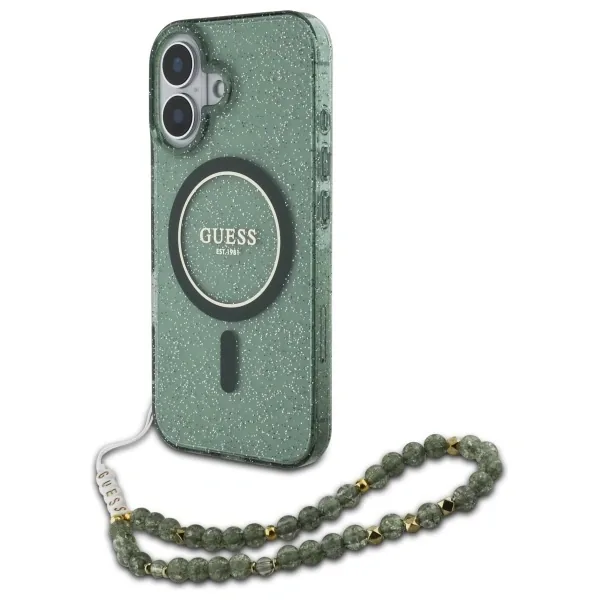 Kryt Guess GUHMP16MHGCRELSA Apple iPhone 16 Plus hardcase IML Glitter With Pearl Strap MagSafe green