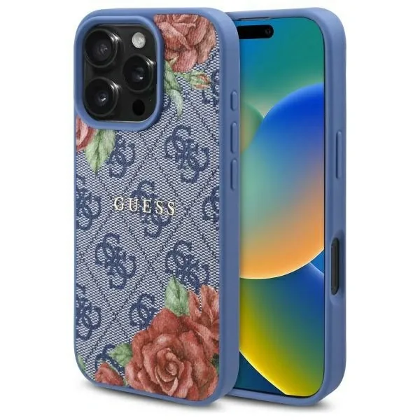 Kryt Guess GUHMP16SP4ROPEMCB Apple iPhone 16 hardcase 4G Flowers Print MagSafe blue