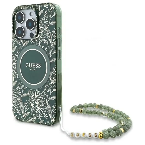 Kryt Guess GUHMP16XHCPOFPA Apple iPhone 16 Pro Max hardcase IML Flowers Allover Electro With Pearl Strap MagSafe green