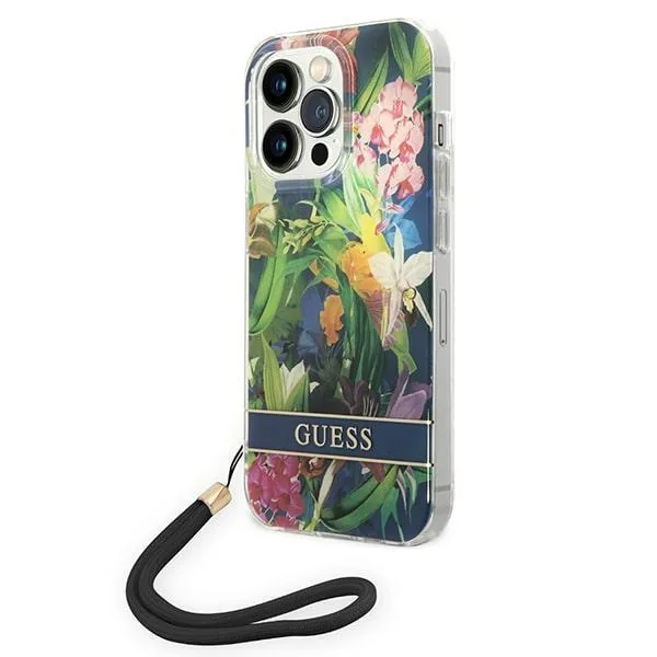 Kryt Guess GUOHCP14LHFLSB Apple iPhone 14 Pro blue hardcase Flower Strap