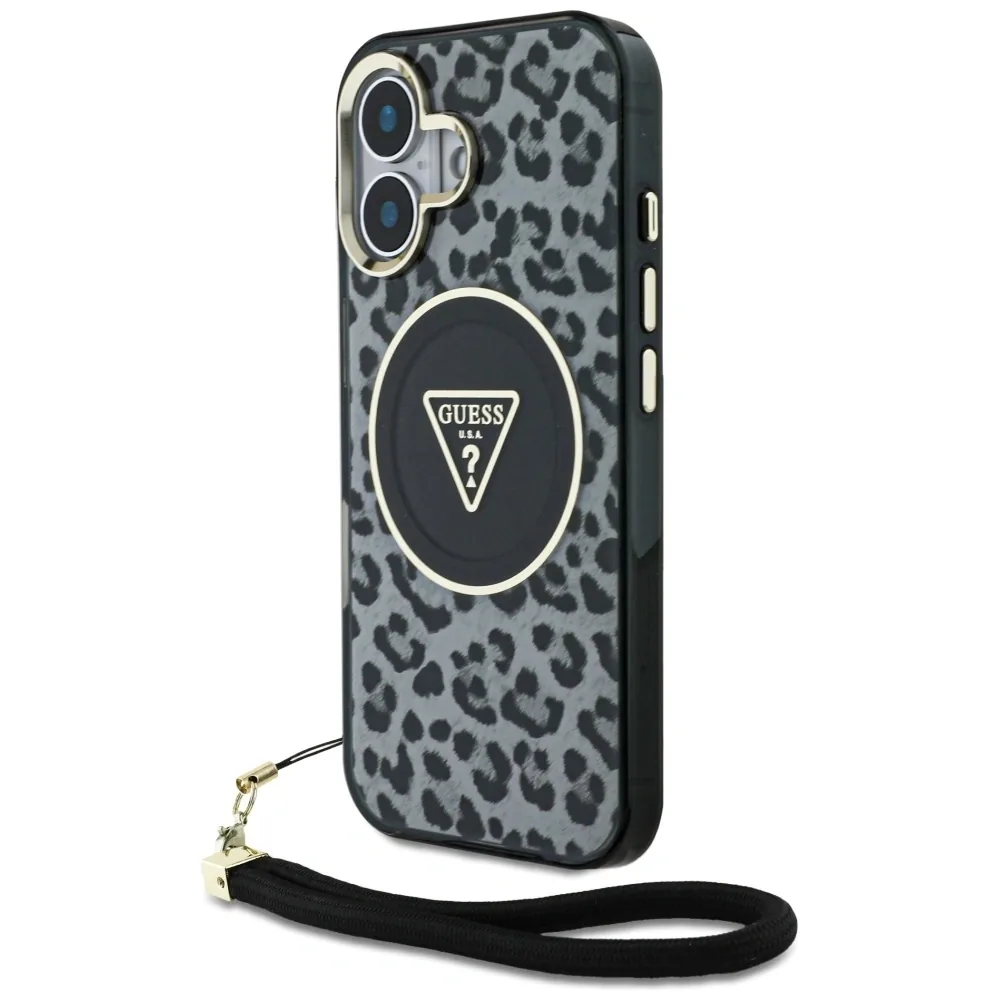 Kryt Guess HC IML Leopard Triangle Cord Strap Apple iPhone 16 MagSafe black