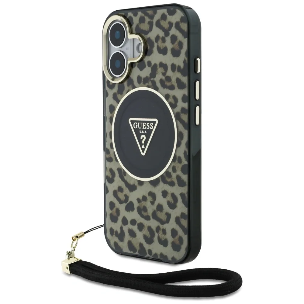Kryt Guess HC IML Leopard Triangle Cord Strap Apple iPhone 16 MagSafe brown