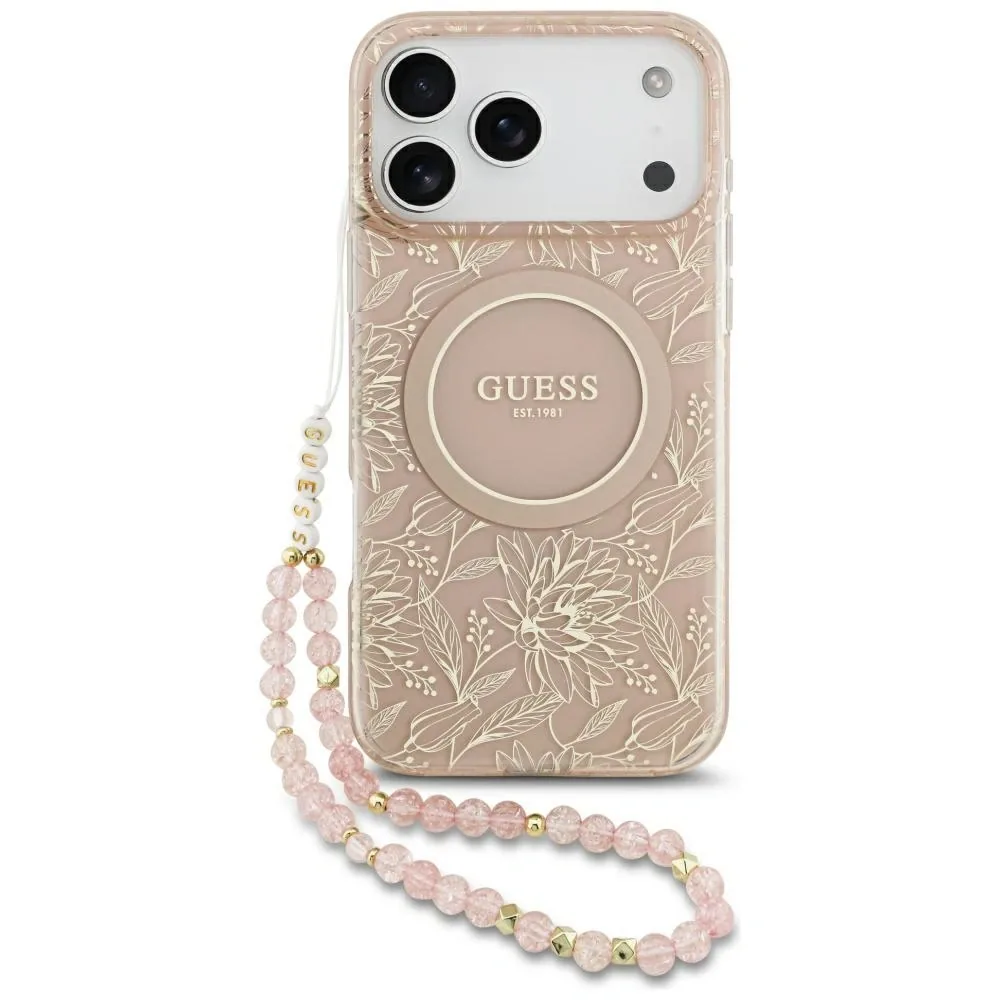 Kryt Guess IML Flowers Electro Pearl Strap MagSafe Apple iPhone 17 Pro Max pink