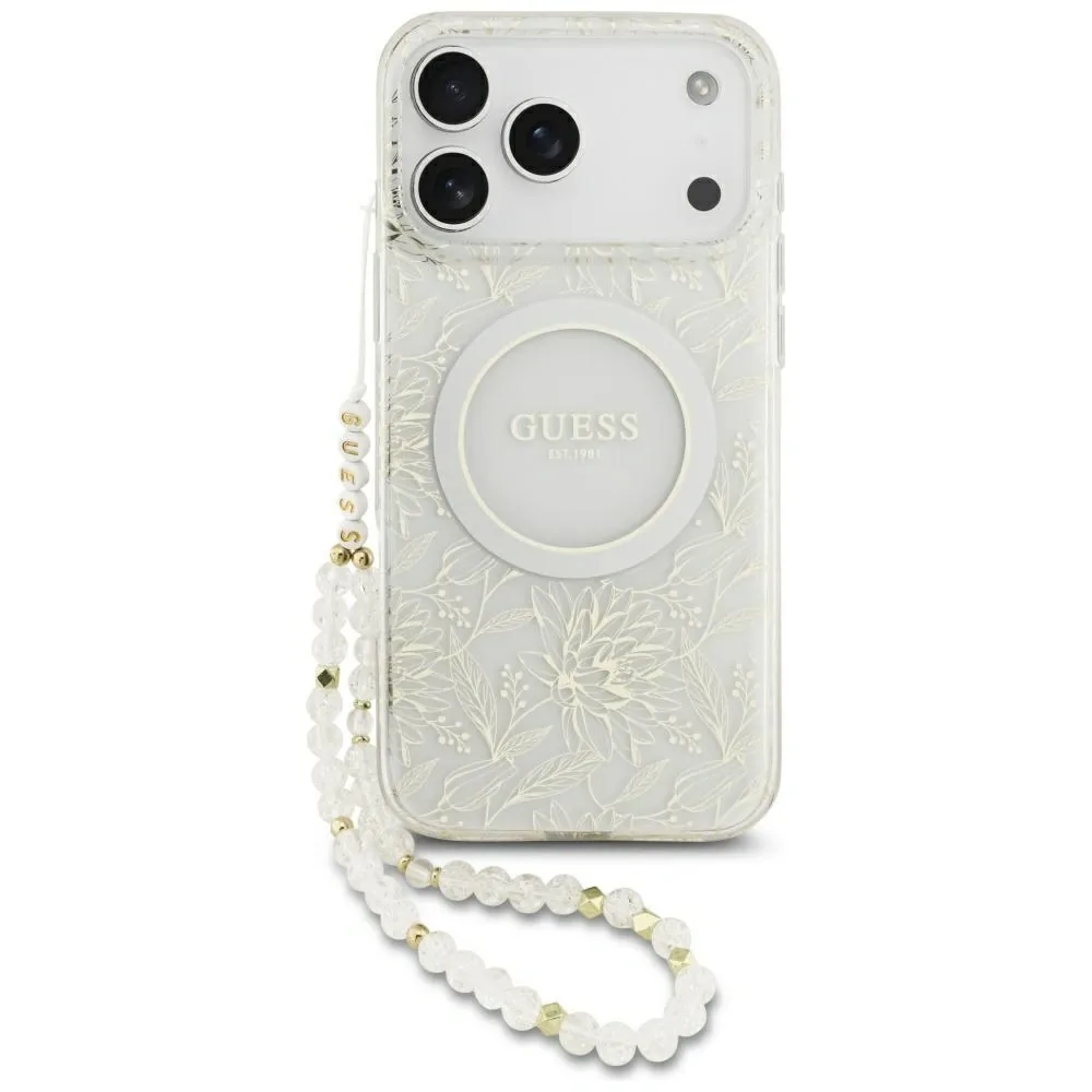 Kryt Guess IML Flowers Electro Pearl Strap MagSafe Apple iPhone 17 Pro Max white