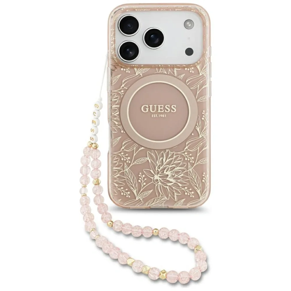 Kryt Guess IML Flowers Electro Pearl Strap MagSafe Apple iPhone 17 Pro pink