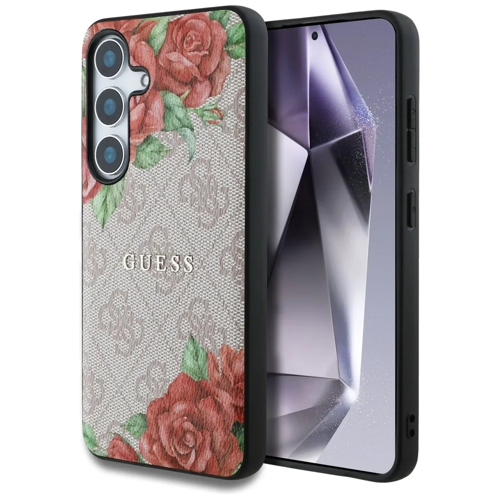Kryt Guess Leather 4G Flowers Print Metal Classic Logo MagSafe Samsung Galaxy S25 pink