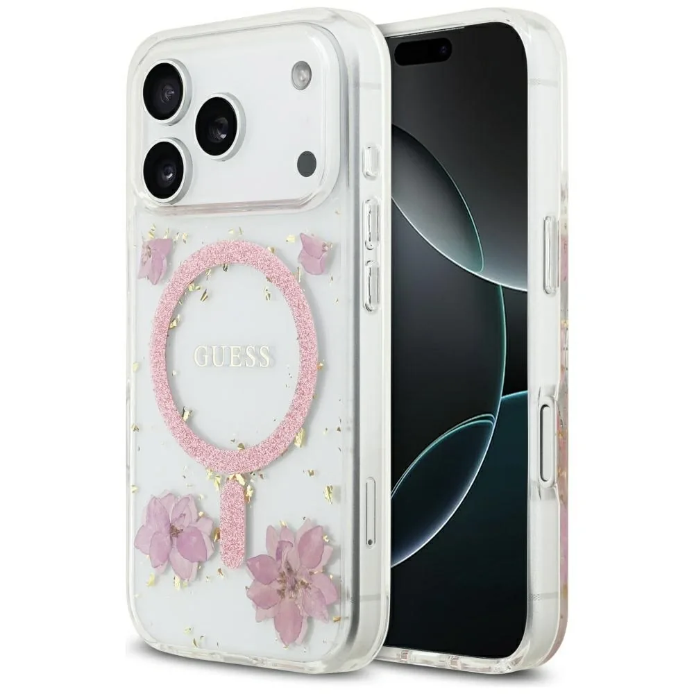 Kryt Guess Resin Flowers Glitter MagSafe Apple iPhone 17 Pro pink