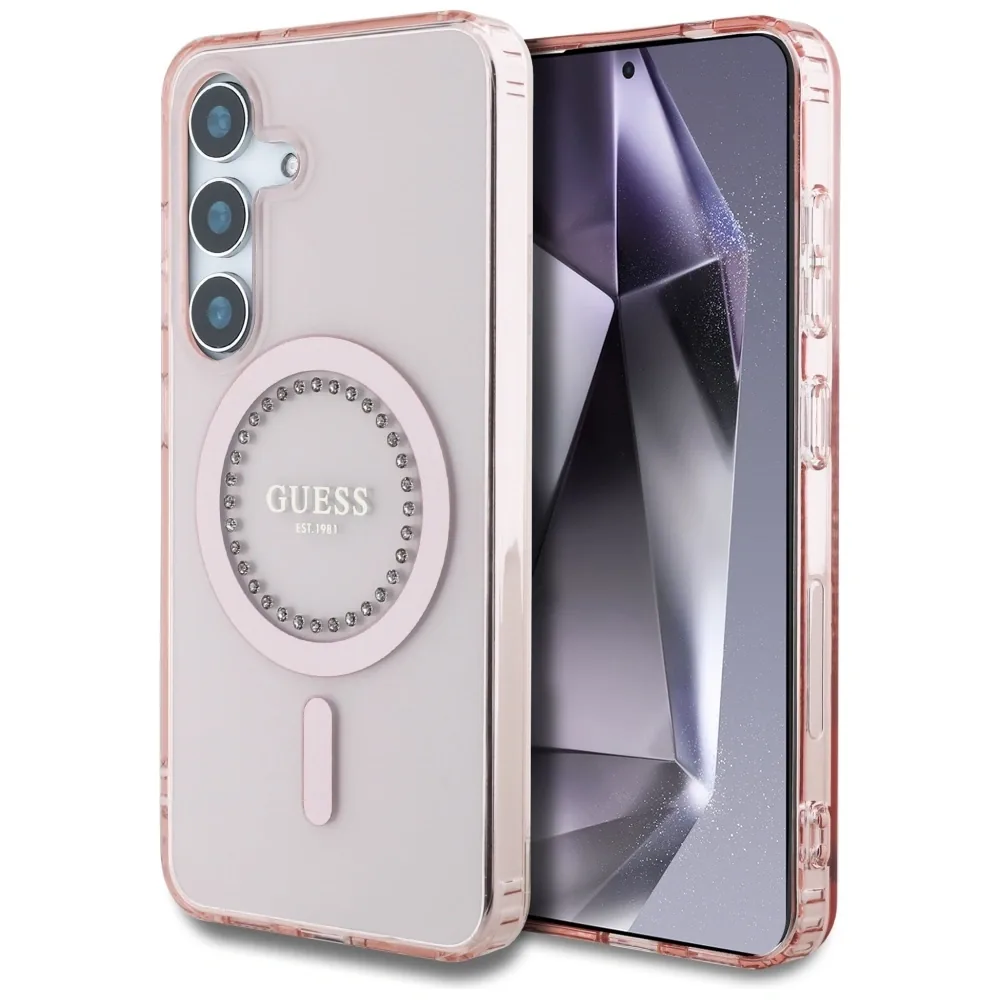 Kryt Guess Rhinestones Printed Classic Logo MagSafe Samsung Galaxy S25 pink