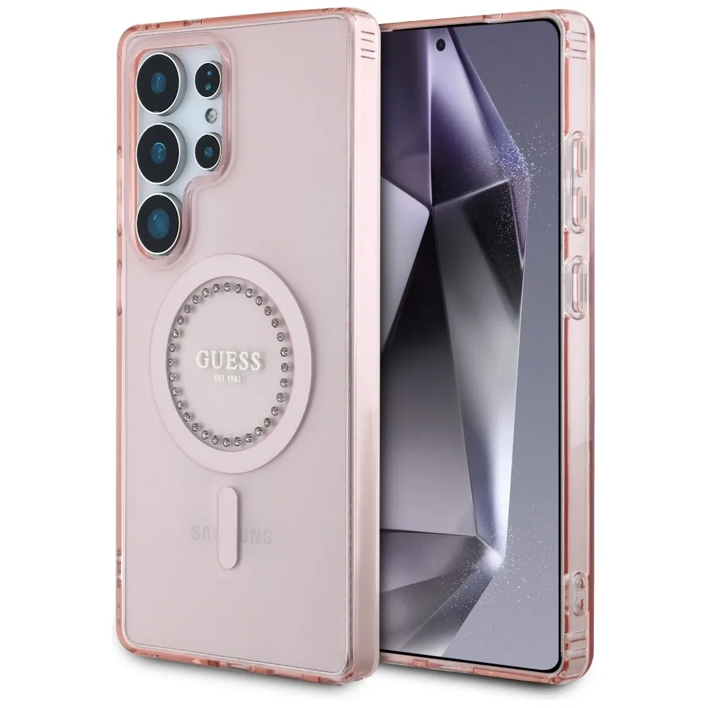 Kryt Guess Rhinestones Printed Classic Logo MagSafe Samsung Galaxy S25 Ultra pink