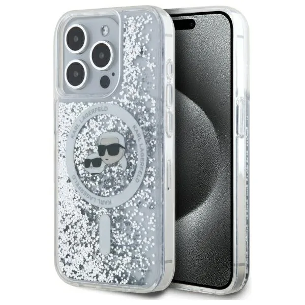 Kryt Karl Lagerfeld Apple iPhone 15 Pro hardcase Liquid Glitter Karl&Choupette Head MagSafe transparent