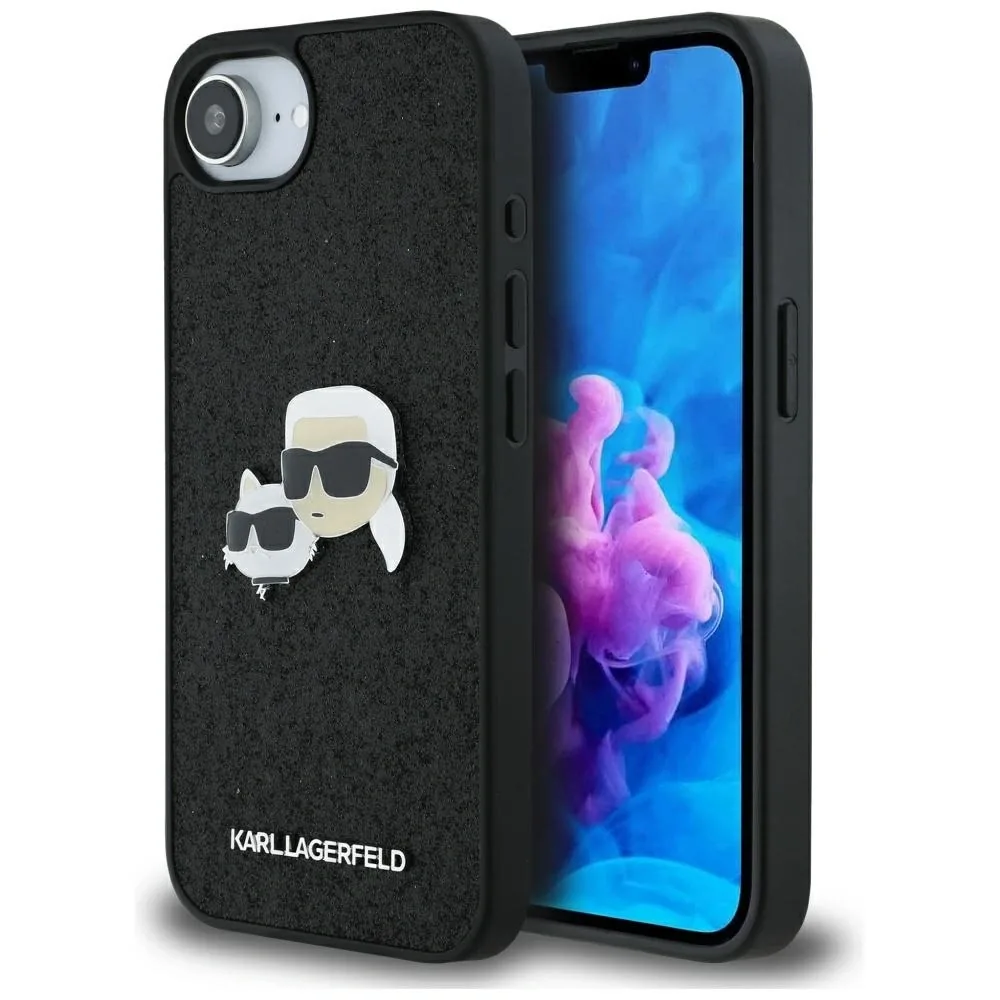 Kryt Karl Lagerfeld Fixed Glitter Karl&Choupette Heads Metal Pin Apple iPhone 17e / 16e black