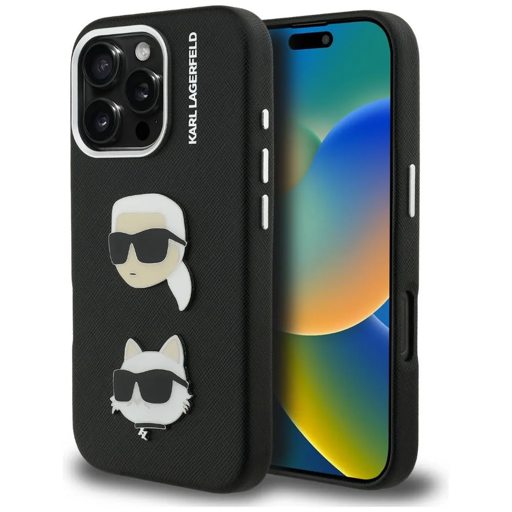 Kryt Karl Lagerfeld FW Grained Karl & Choupette Heads Pins Apple iPhone 16 Pro Max black