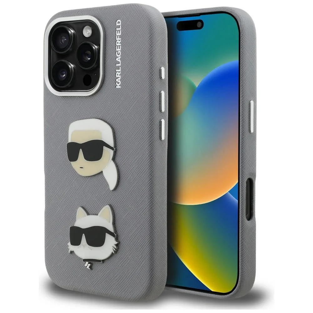 Kryt Karl Lagerfeld FW Grained Karl & Choupette Heads Pins Apple iPhone 16 Pro Max grey