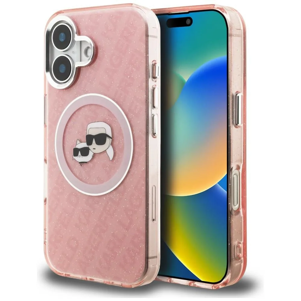 Kryt Karl Lagerfeld IML Glitter Karl & Choupette Heads Logo MagSafe Apple iPhone 16 pink