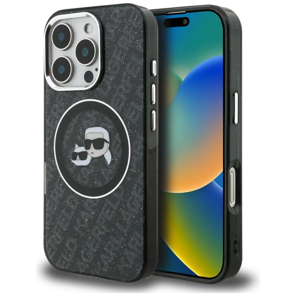 Kryt Karl Lagerfeld IML Glitter Karl & Choupette Heads Logo MagSafe Apple iPhone 16 Pro black