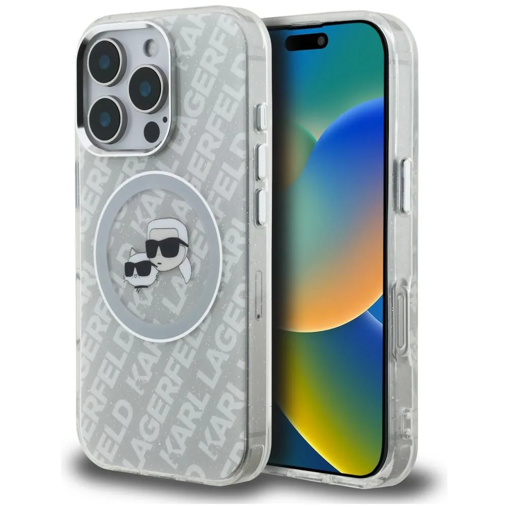 Kryt Karl Lagerfeld IML Glitter Karl & Choupette Heads Logo MagSafe Apple iPhone 16 Pro Max grey