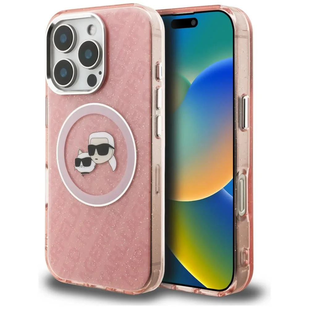 Kryt Karl Lagerfeld IML Glitter Karl & Choupette Heads Logo MagSafe Apple iPhone 16 Pro Max pink