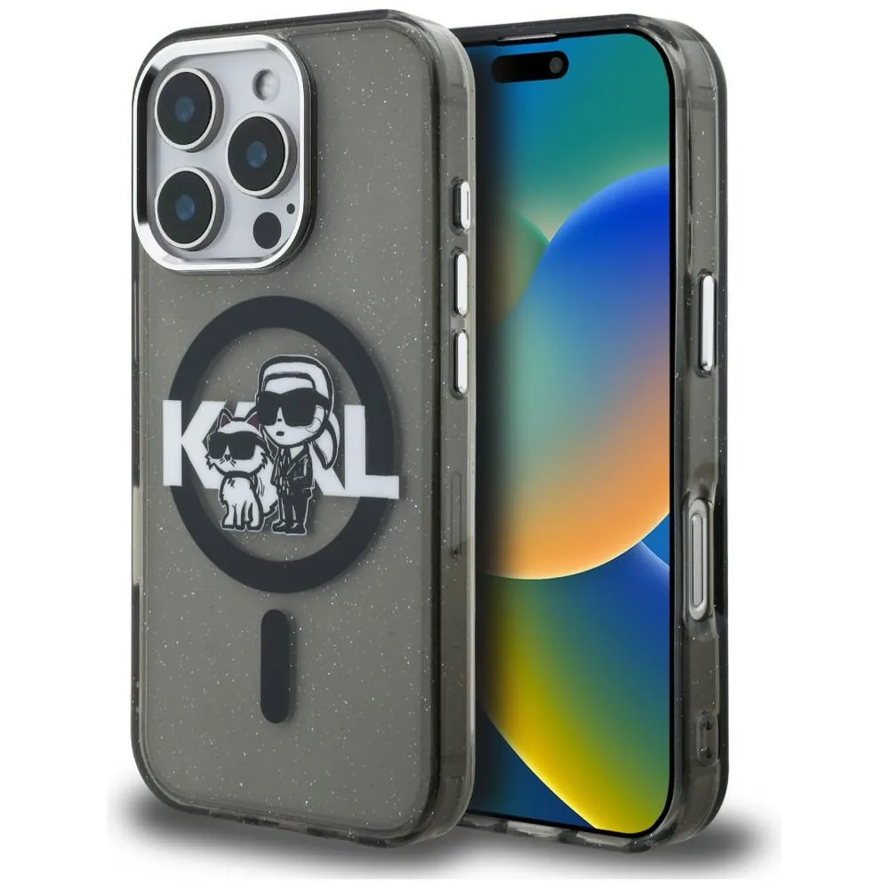 Kryt Karl Lagerfeld IML Glitter Karl & Choupette Sketch Logo MagSafe Apple iPhone 16 Pro Max black