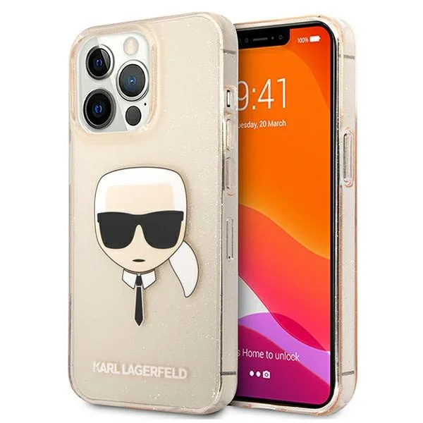Kryt Karl Lagerfeld KLHCP13LKHTUGLGO Apple iPhone 13 Pro gold hardcase Glitter Karl`s Head