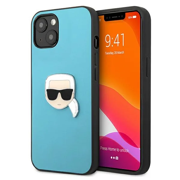 Kryt Karl Lagerfeld KLHCP13SPKMB Apple iPhone 13 mini blue hardcase Leather Ikonik Karl`s Head Metal